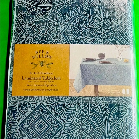 Bee & Willow Home Etched Chambray Laminated Tablecloth Resists Stains Wipes Blue - Picture 4 of 5